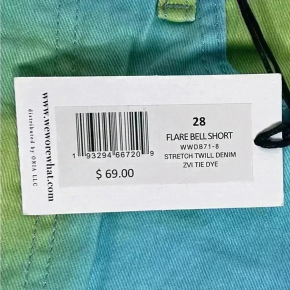 We Wore What Flare Bell Shorts, Stretch Twill Denim in Zvi Tie Tye. Size 28. NWT - Picture 9 of 15